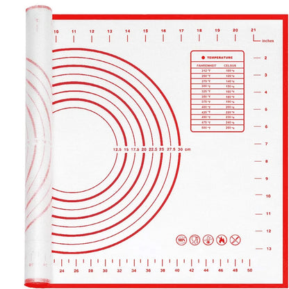 
"Non-stick silicone baking mat with precise measurement markings, ideal for rolling dough, displayed on a clean white background."

