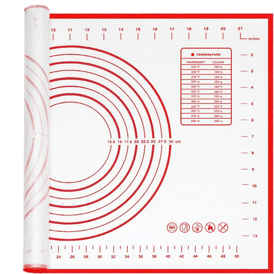 
"Non-stick silicone baking mat with precise measurement markings, ideal for rolling dough, displayed on a clean white background."

