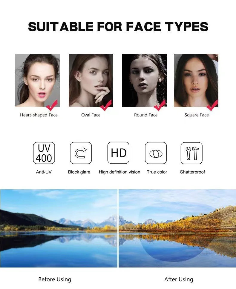 Sunglasses features for all face shapes – visual icons with before and after style comparison