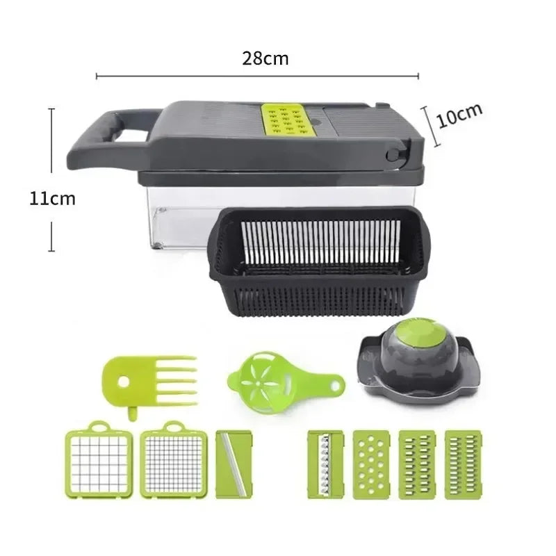 
"Vegetable chopper with multiple attachments and measurement markings, displayed on a clean white background for detailed viewing."


