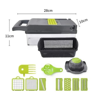 
"Vegetable chopper with multiple attachments and measurement markings, displayed on a clean white background for detailed viewing."

