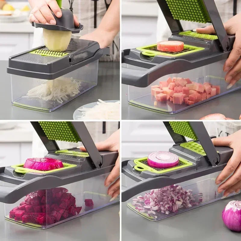 Collage of a vegetable chopper being used to slice various vegetables.