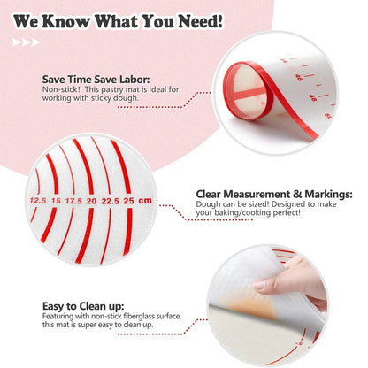 
"Non-stick pastry mat with measurement markings and feature descriptions displayed on a pink background."

