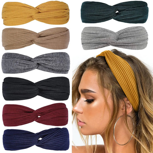 
Set of colorful twist-knotted headbands with model wearing mustard yellow headband – soft stretchy hair accessories for women