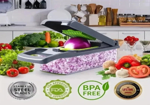 
"Multifunctional vegetable chopper with freshly sliced vegetables, presented on a dark background to highlight the product and contents."