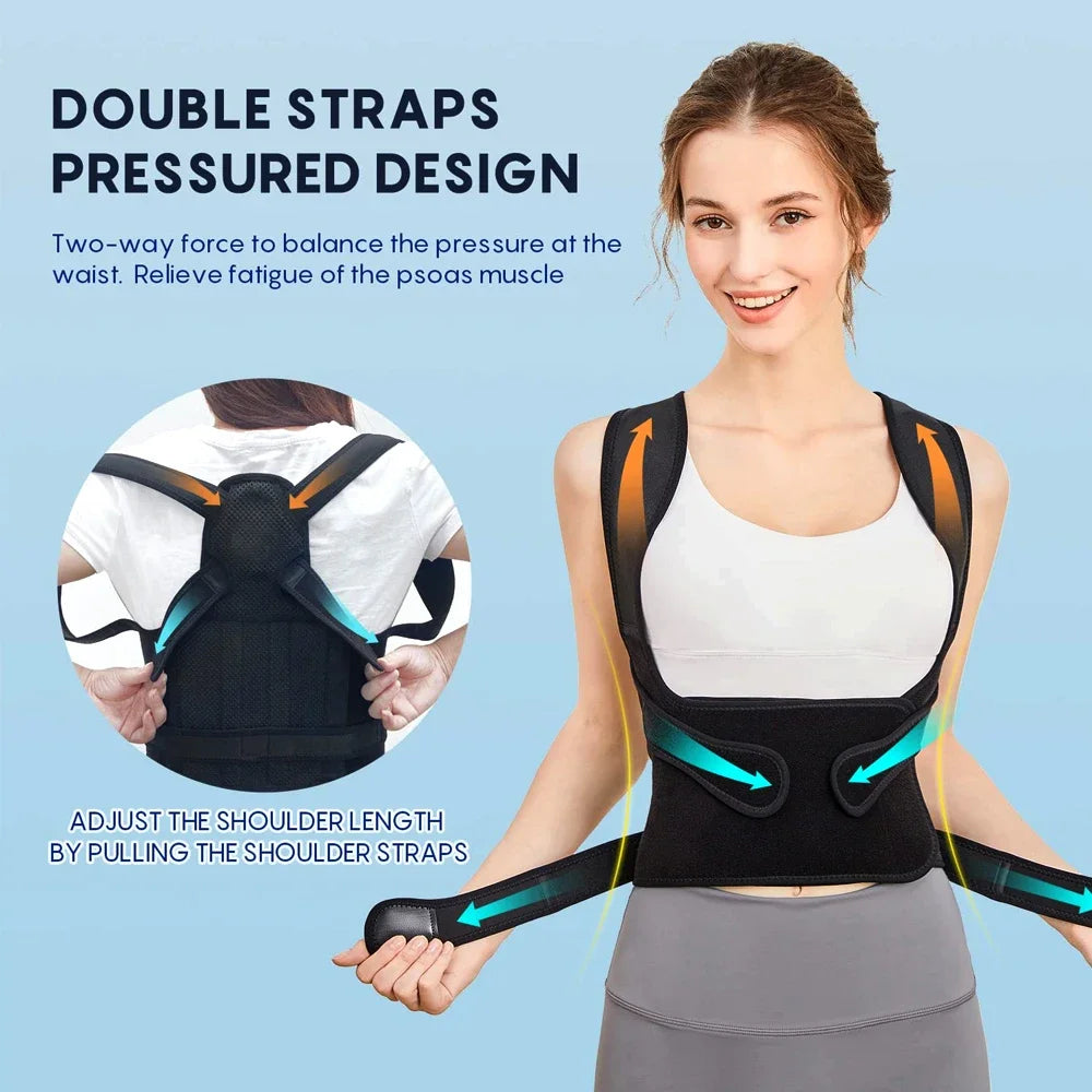 
"Female model demonstrating black posture corrector with features highlighted on blue background.