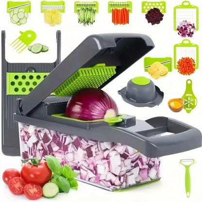 Vegetable chopper with chopped onions and additional attachments on a white background