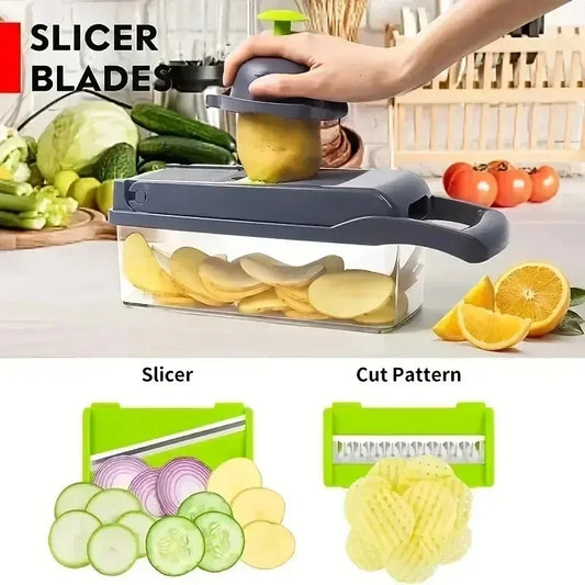 
"Vegetable cutter with freshly sliced vegetables and a close-up view of the slices placed on a kitchen counter."

