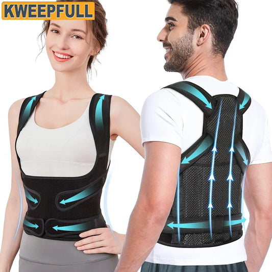 
"Two adults wearing black Kweepfull back posture corrector vests for improved spinal alignment and pain relief."
