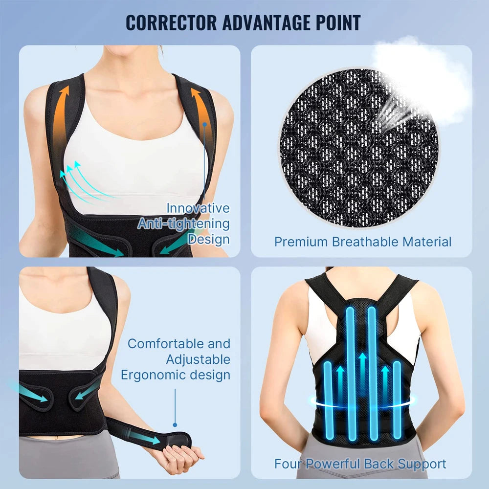 Ergonomic black back brace displayed with labeled features such as support, comfort, and adjustability on a blue background