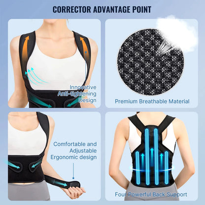 Ergonomic black back brace displayed with labeled features such as support, comfort, and adjustability on a blue background