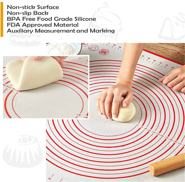 
"Silicone baking mat with measurement markings in use for rolling out dough, showcasing its non-stick surface and FDA-approved quality."

