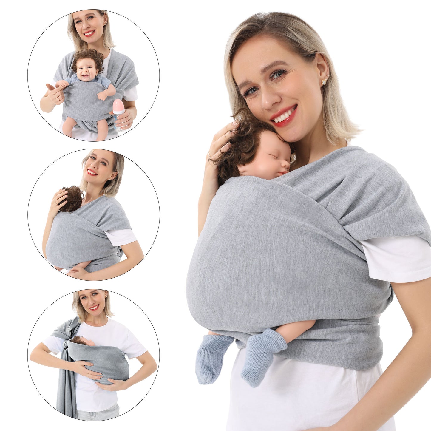 
"Gray baby carrier wrap with a baby dummy inside, showcased in a cozy promotional setting where a happy family with two children is spending quality time together in the background."