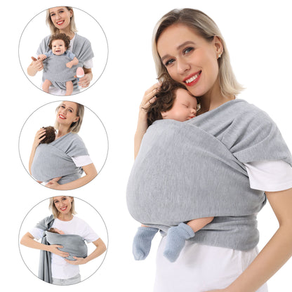 
"Gray baby carrier wrap with a baby dummy inside, showcased in a cozy promotional setting where a happy family with two children is spending quality time together in the background."