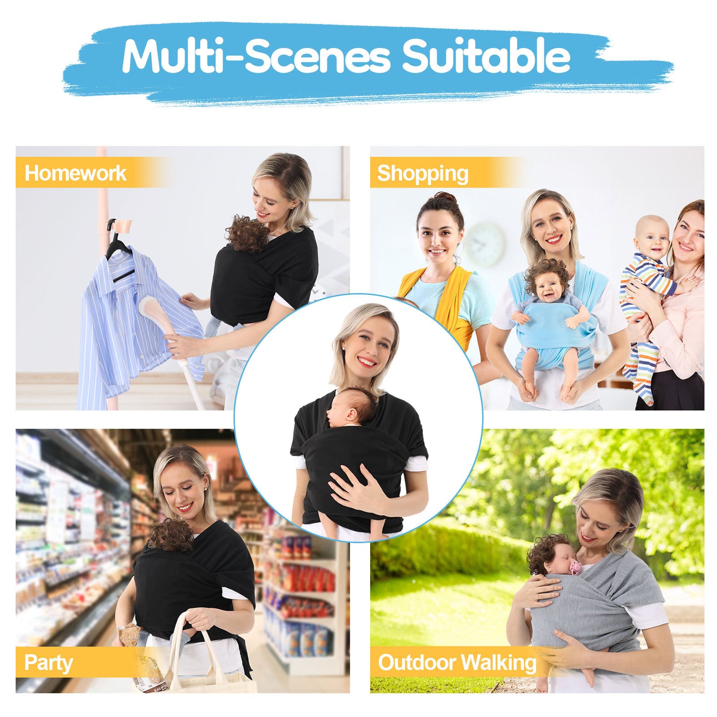 
"Woman wearing a baby carrier in multiple everyday scenarios such as doing homework, shopping, attending a party, and walking outdoors, highlighting versatility and comfort."

