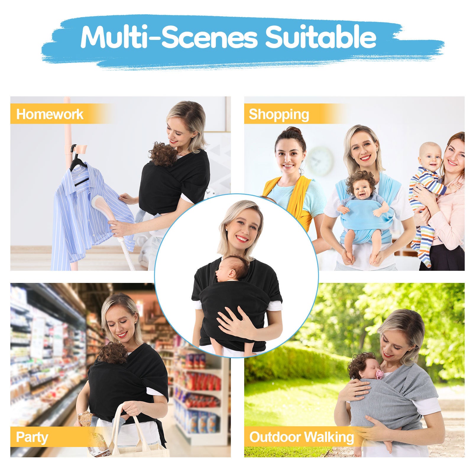 
"Woman wearing a baby carrier in multiple everyday scenarios such as doing homework, shopping, attending a party, and walking outdoors, highlighting versatility and comfort."

