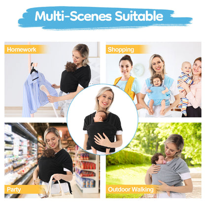 
"Woman wearing a baby carrier in multiple everyday scenarios such as doing homework, shopping, attending a party, and walking outdoors, highlighting versatility and comfort."


