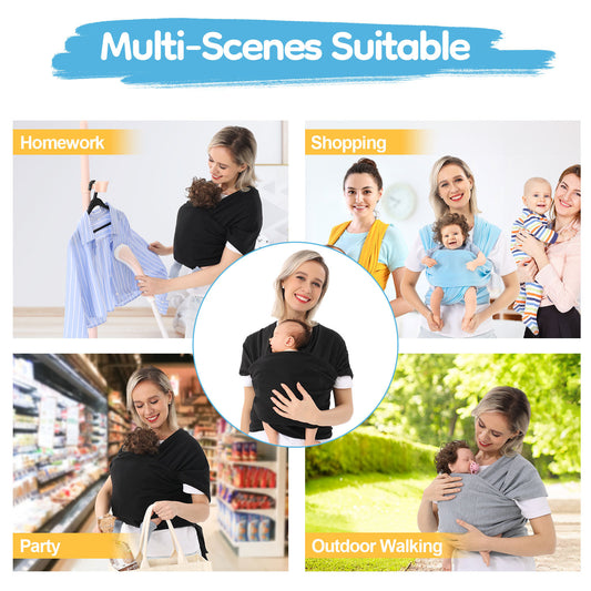 
"Woman wearing a baby carrier in multiple everyday scenarios such as doing homework, shopping, attending a party, and walking outdoors, highlighting versatility and comfort."

