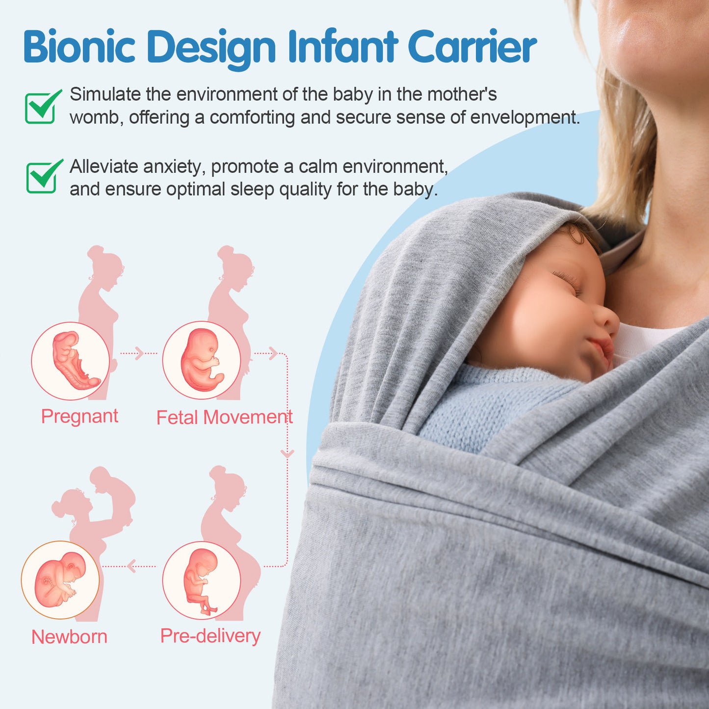 
"Close-up of a baby dummy in a gray baby wrap, with bionic design infographic showing benefits for newborns and pregnant mothers."