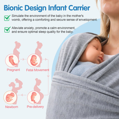 
"Close-up of a baby dummy in a gray baby wrap, with bionic design infographic showing benefits for newborns and pregnant mothers."